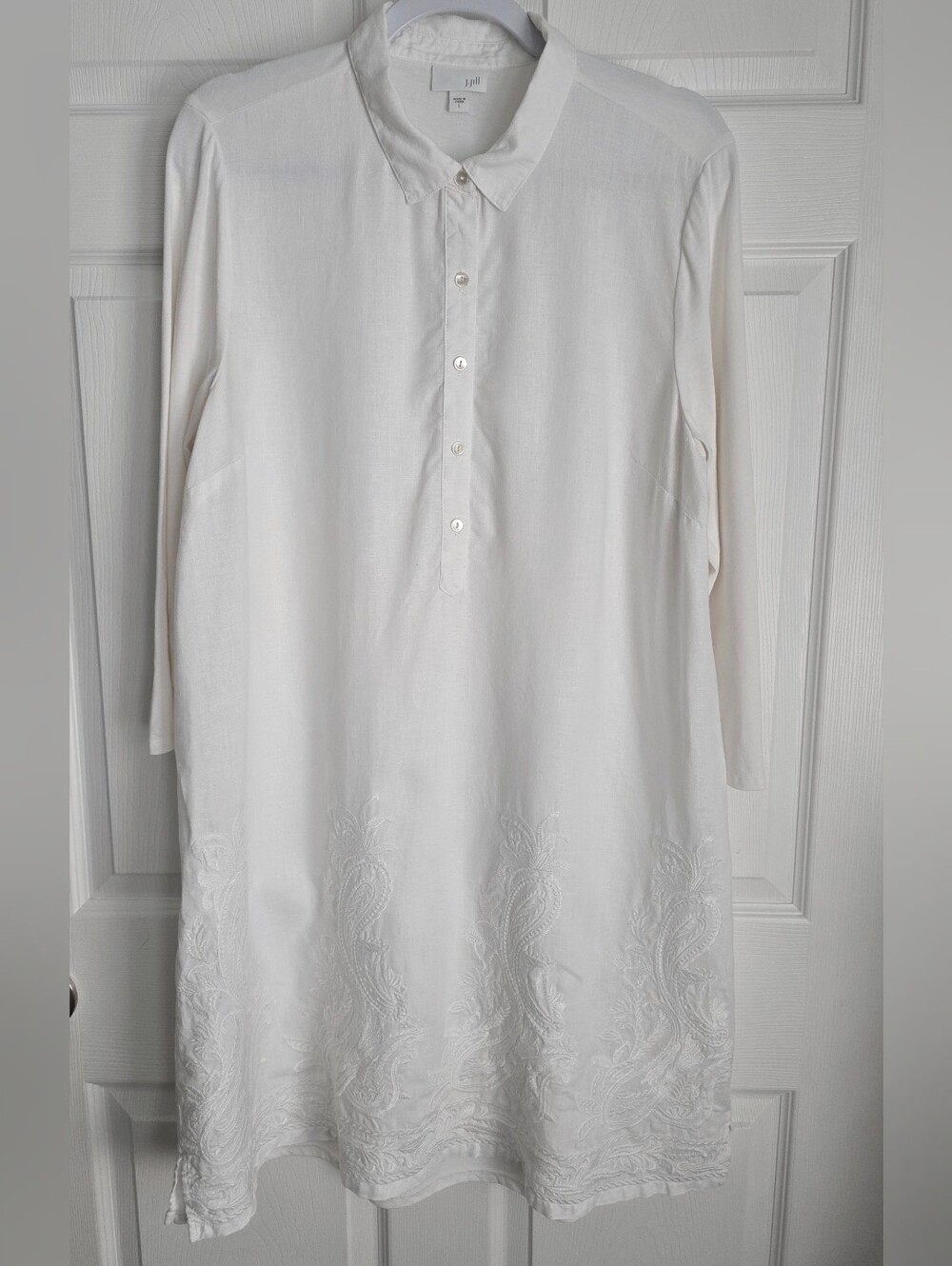 J. Jill White Embroidered Linen Paisley Shirt Dress Tunic Boho Large